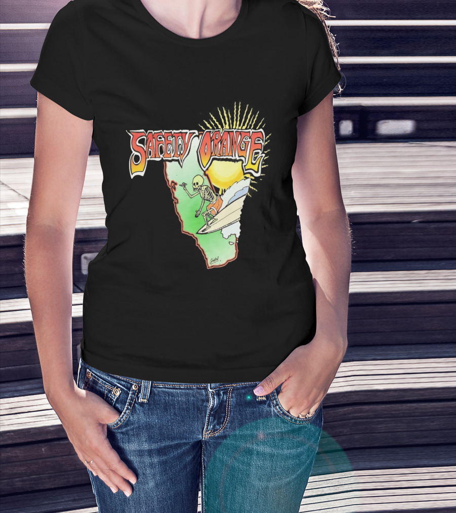 Safety Orange Skeleton Surfing Explosion Scene T-Shirt