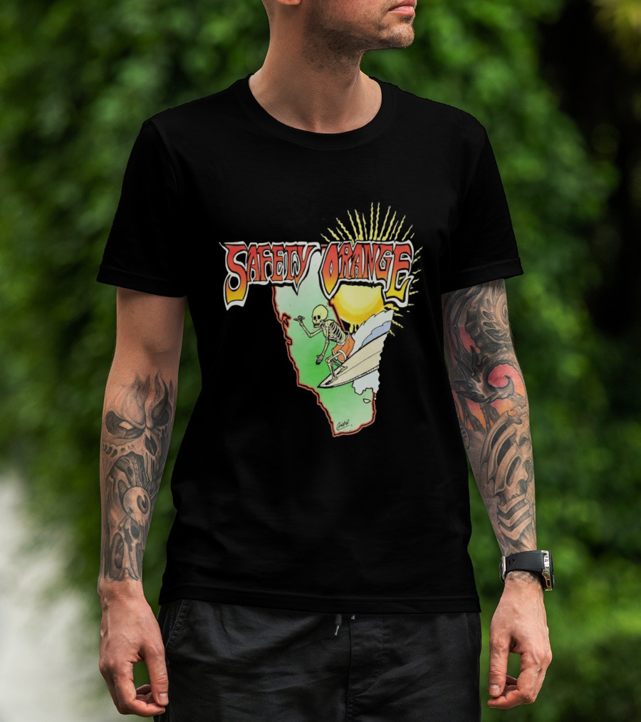 Safety Orange Skeleton Surfing Explosion Scene T-Shirt