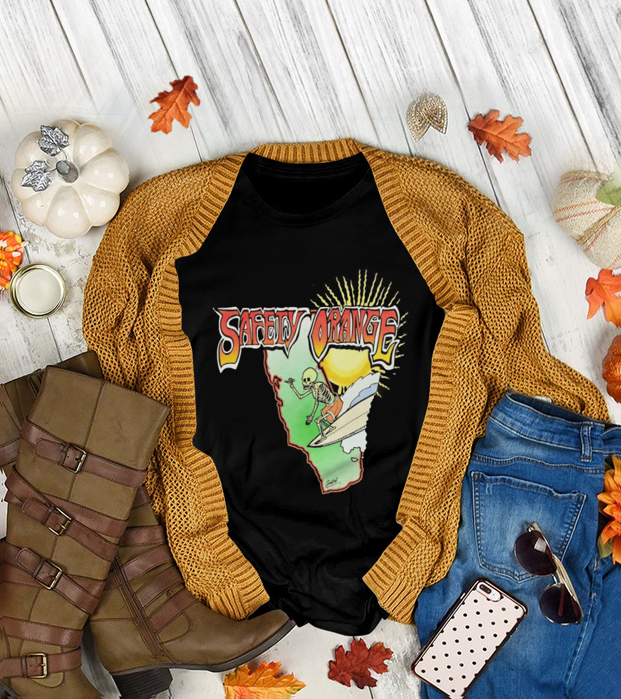 Safety Orange Skeleton Surfing Explosion Scene T-Shirt