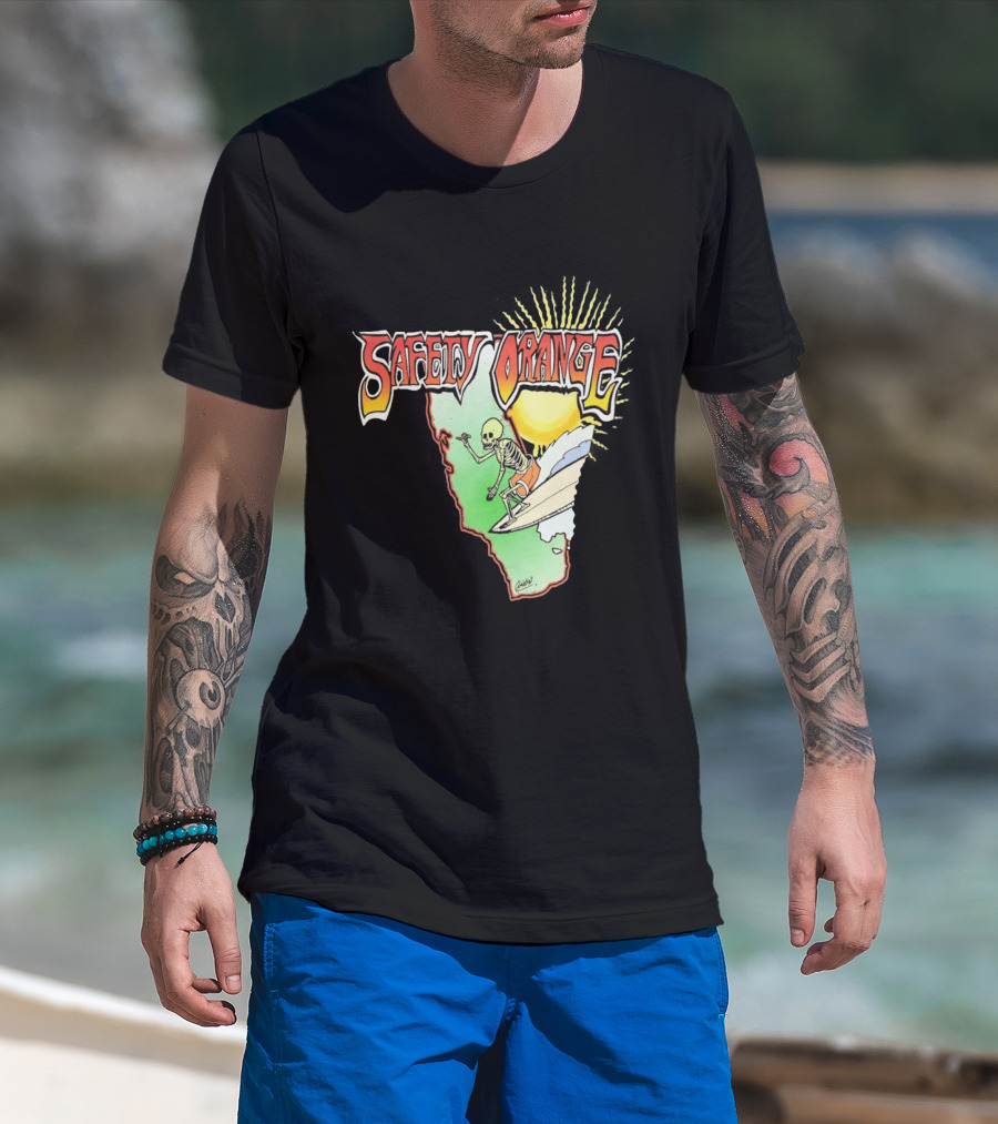 Safety Orange Skeleton Surfing Explosion Scene T-Shirt
