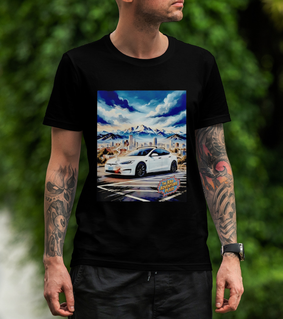 The Rad Adventure Plaid Electric Car Scenic Mountain Cityscape T-Shirt