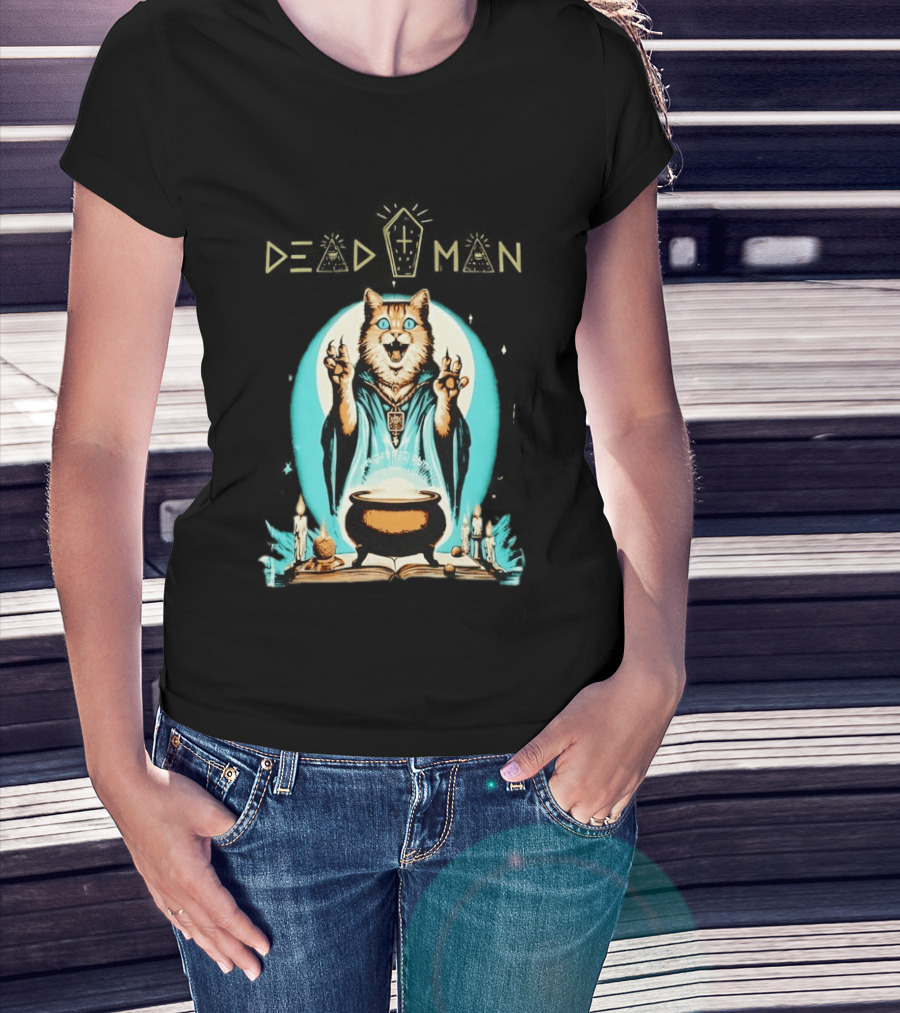 Wizard Cat Casting Spell With Cauldron And Candles Dead Man T-Shirt