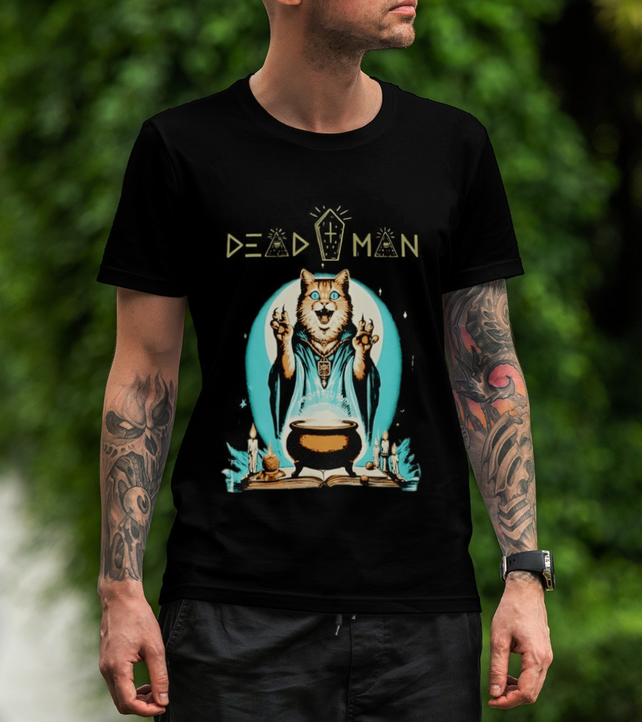Wizard Cat Casting Spell With Cauldron And Candles Dead Man T-Shirt