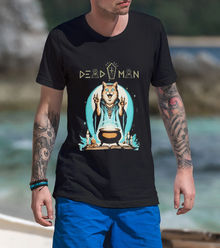 Wizard Cat Casting Spell With Cauldron And Candles Dead Man T-Shirt