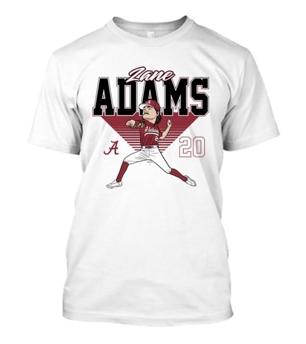 Zane Adams 20 Alabama Crimson Tide Baseball Caricature Player Pitching T-Shirt