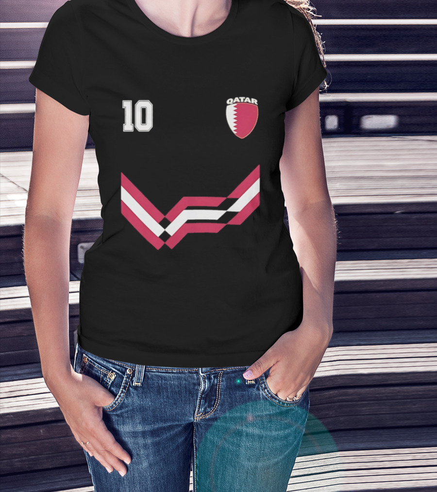 Akram Afif Qatar 10 Soccer Badge Red Chevron T-Shirt