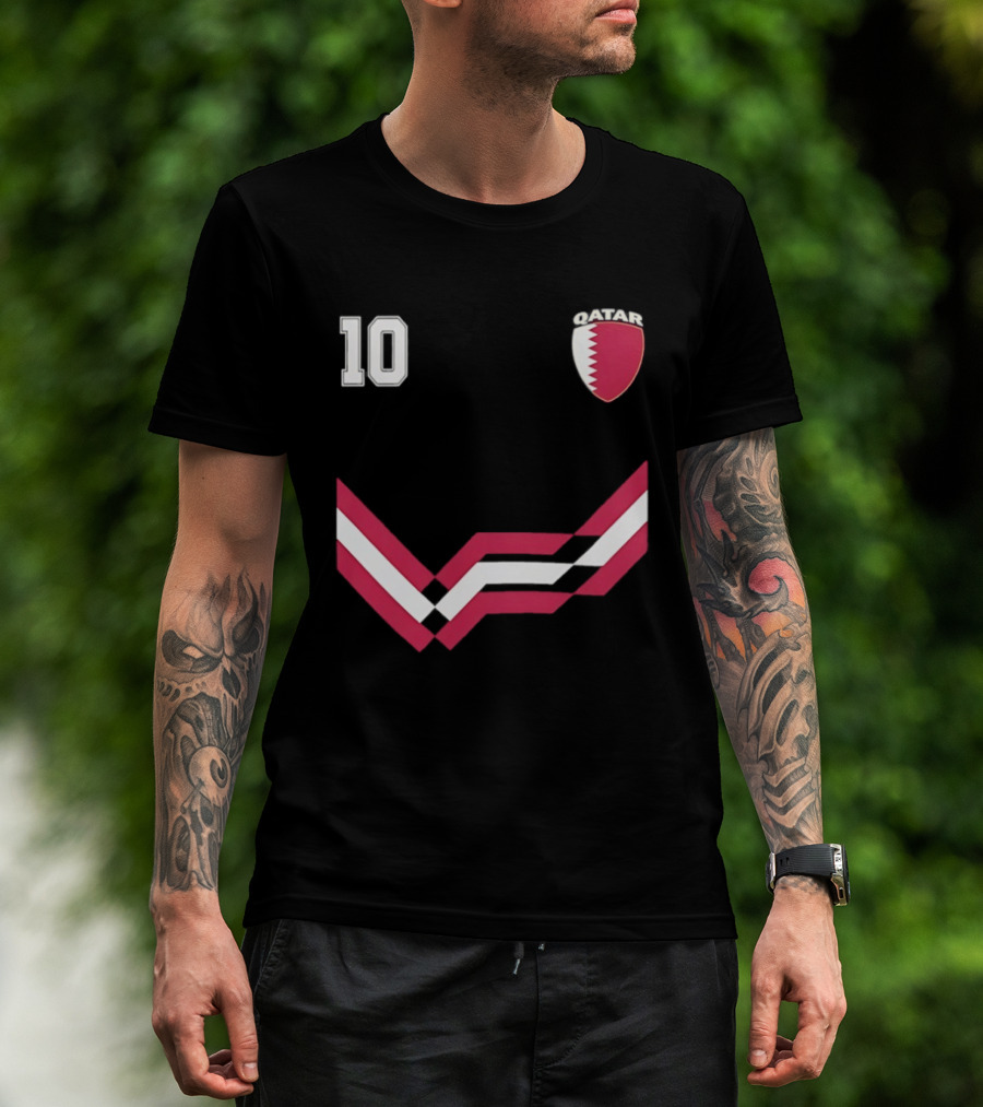 Akram Afif Qatar 10 Soccer Badge Red Chevron T-Shirt
