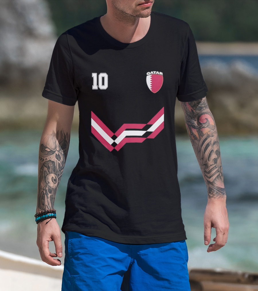 Akram Afif Qatar 10 Soccer Badge Red Chevron T-Shirt