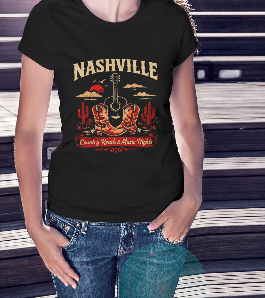 Nashville Country Roads Music Nights Boots Guitar Desert Cactus Moon Clouds T-Shirt