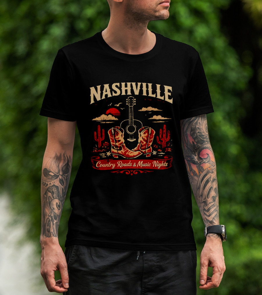 Nashville Country Roads Music Nights Boots Guitar Desert Cactus Moon Clouds T-Shirt