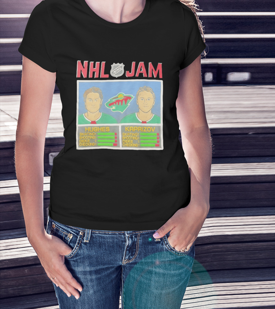 NHL Jam Hughes Kaprizov Minnesota Wild Skating Shooting Deke Checking T-Shirt