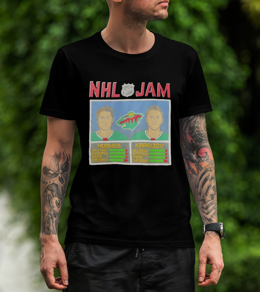 NHL Jam Hughes Kaprizov Minnesota Wild Skating Shooting Deke Checking T-Shirt