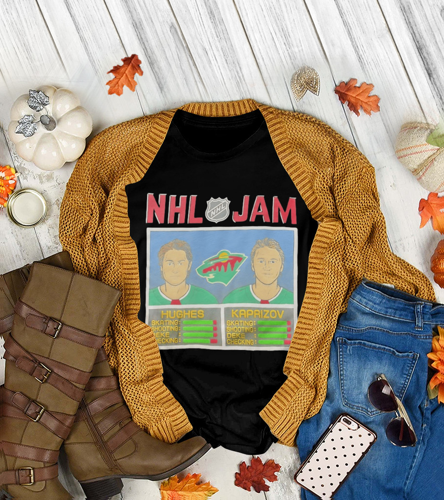 NHL Jam Hughes Kaprizov Minnesota Wild Skating Shooting Deke Checking T-Shirt