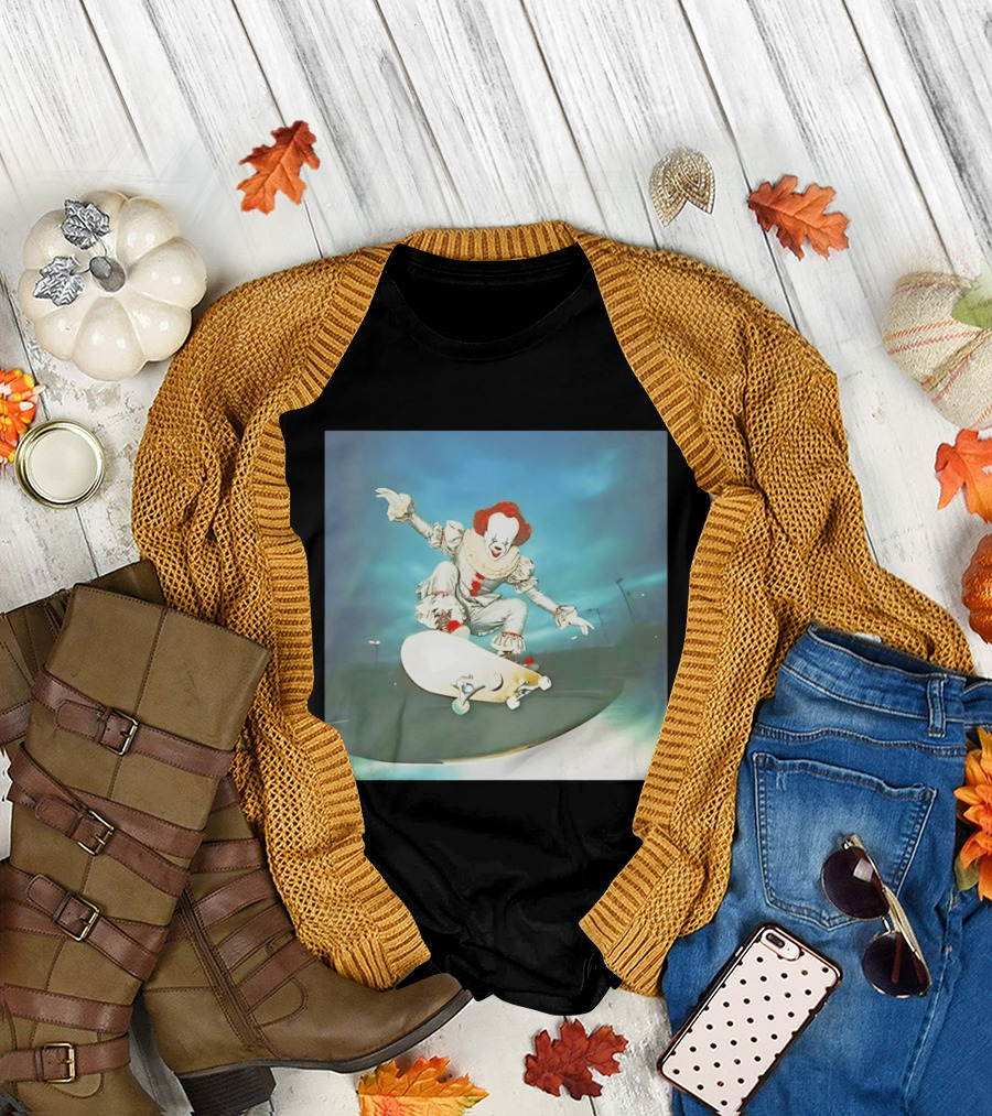 Pennywise Skateboard Night Scene Iconic Clown Performing Skateboarding Trick T-Shirt