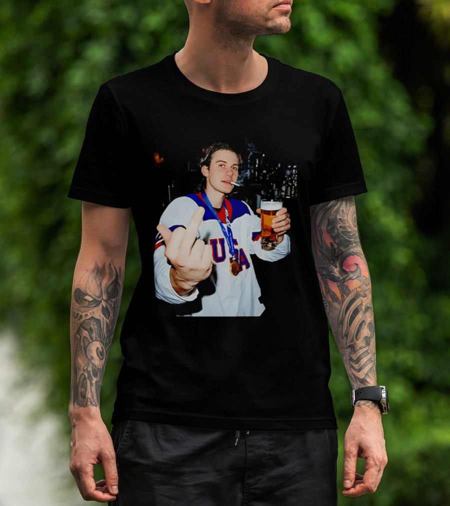 USA Hockey Player Victory Celebration Smoking Beer Middle Finger T-Shirt