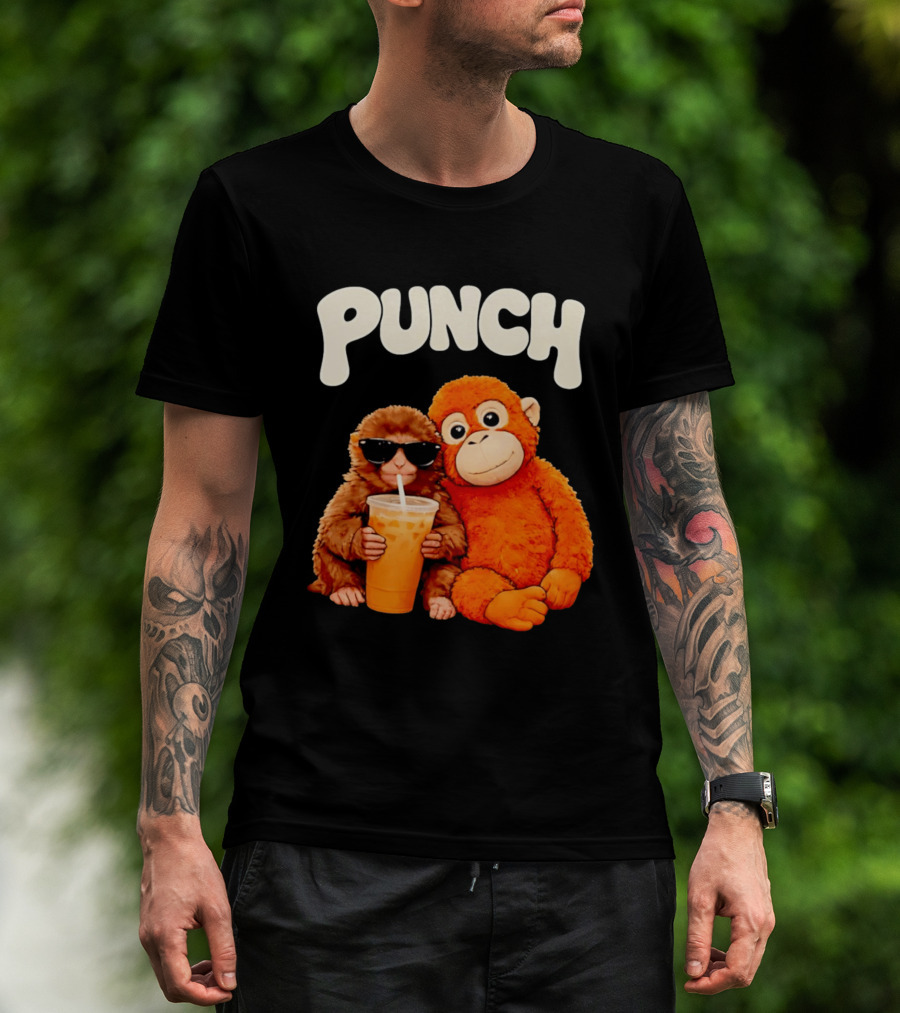 PUNCH Brown Monkey With Orange Plush And Iced Drink T-Shirt