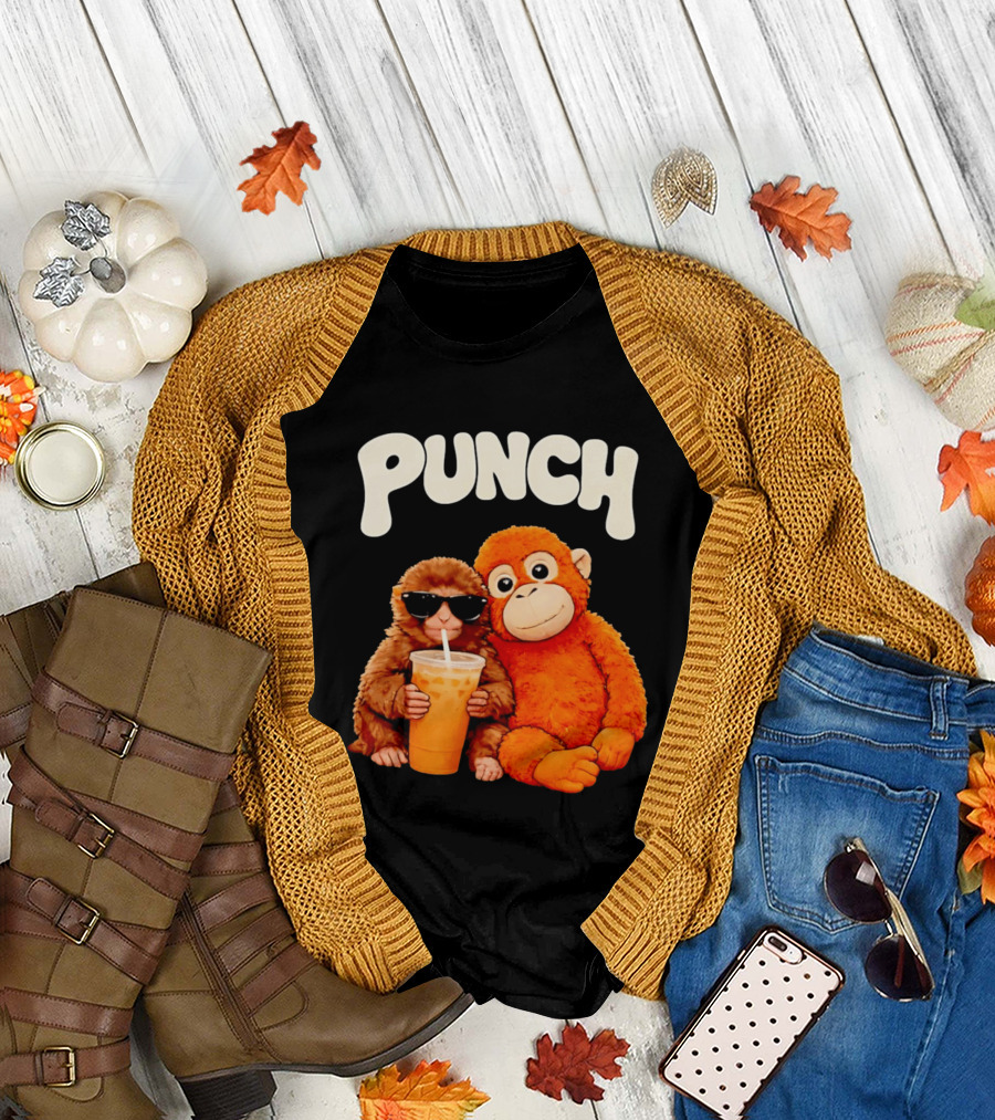 PUNCH Brown Monkey with Orange Plush and Iced Drink T-Shirt