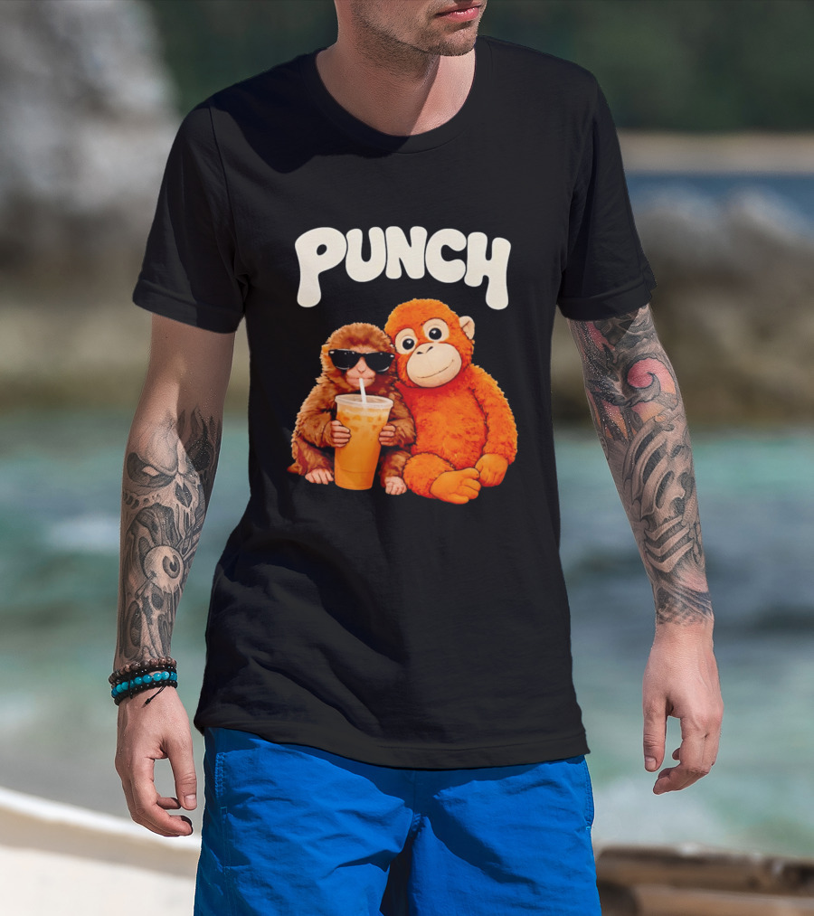PUNCH Brown Monkey With Orange Plush And Iced Drink T-Shirt