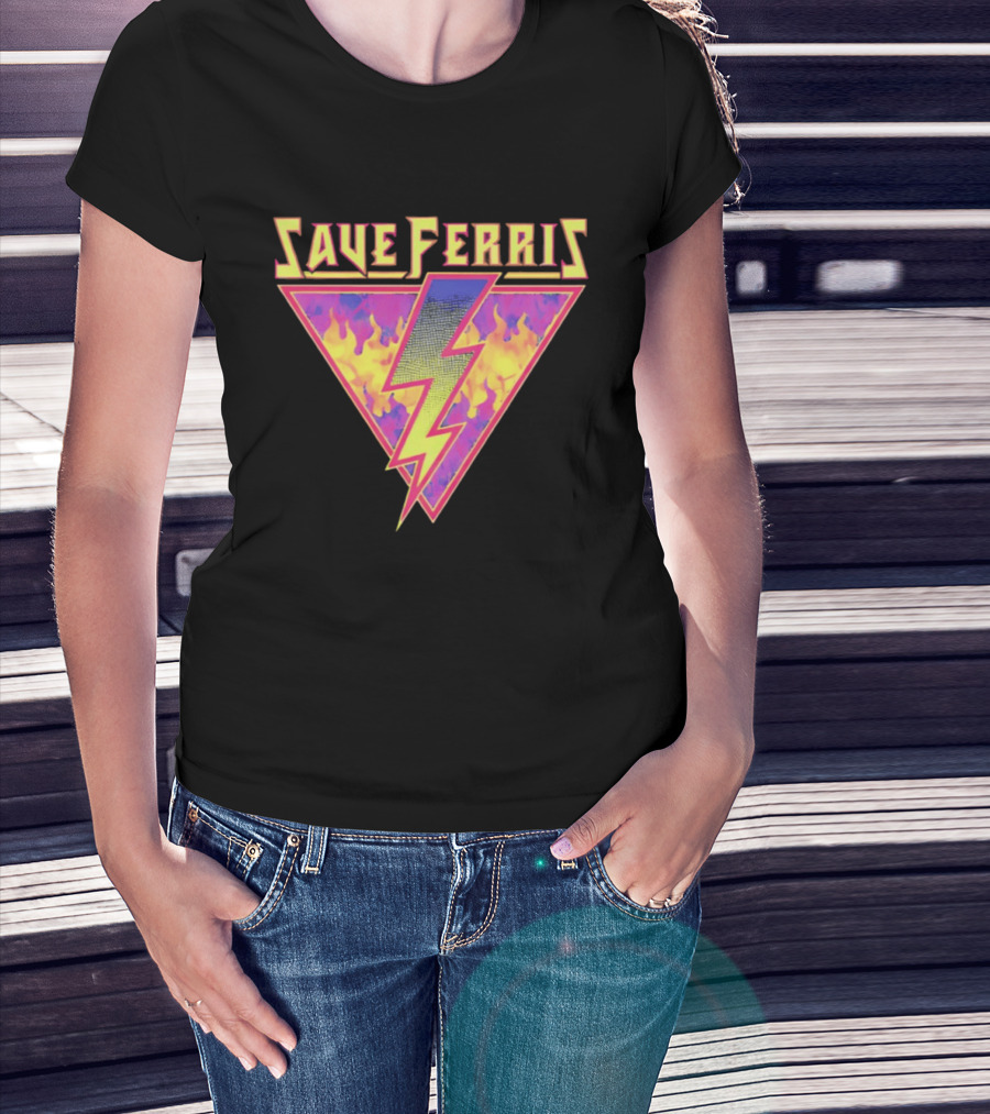 Save Ferris Lightning Bolt Retro 80s Flames T-Shirt