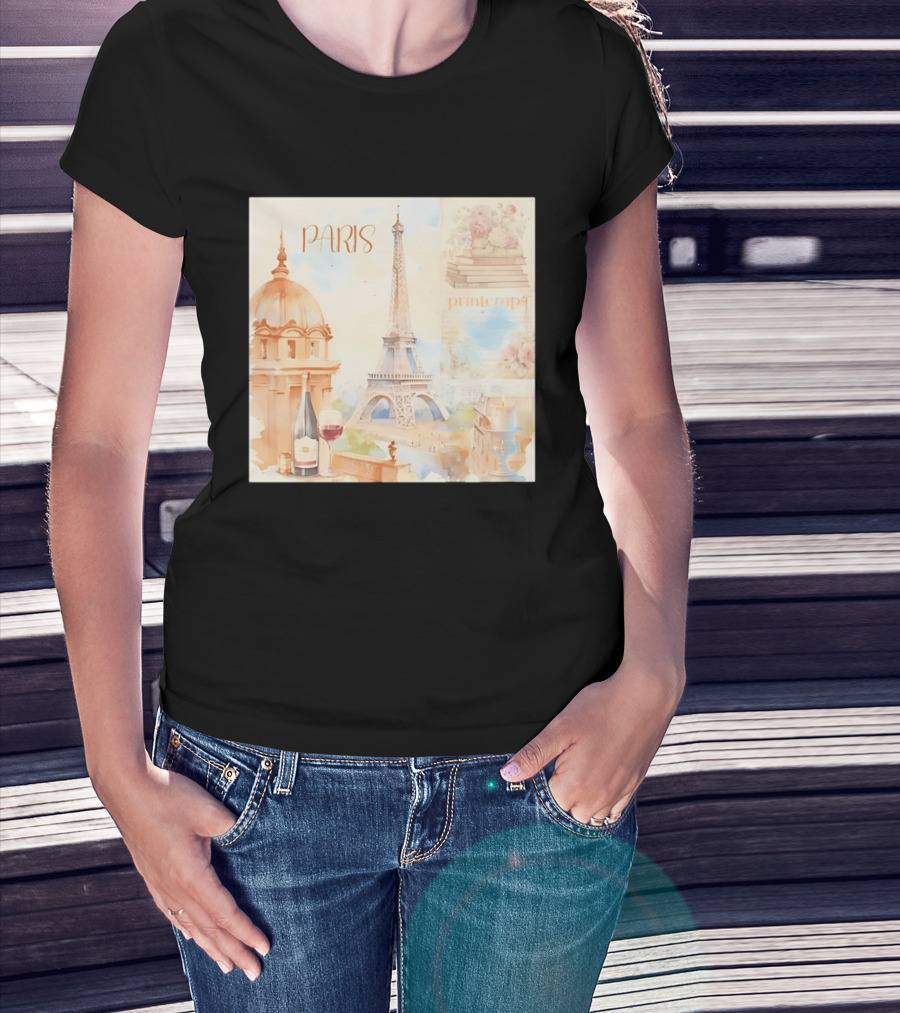 Paris Printemps Eiffel Tower Wine Flowers Books T-Shirt