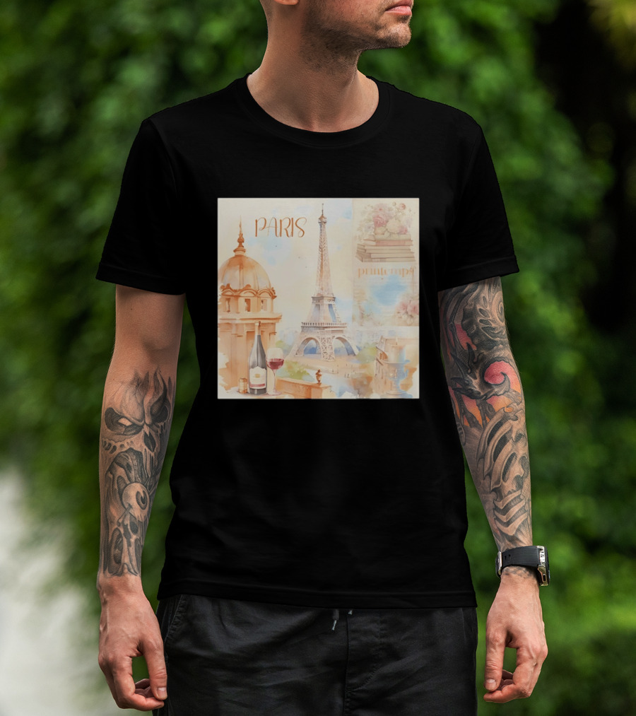 Paris Printemps Eiffel Tower Wine Flowers Books T-Shirt