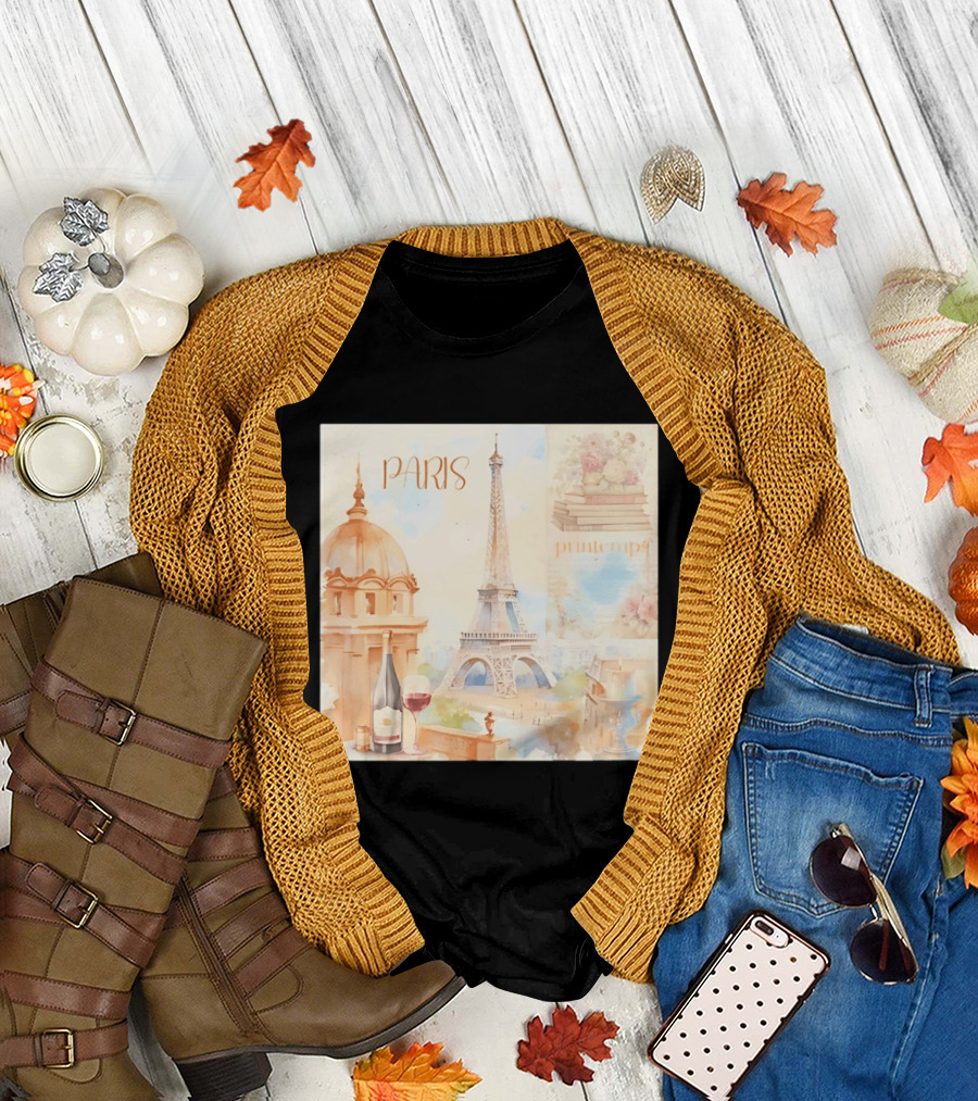 Paris Printemps Eiffel Tower Wine Flowers Books T-Shirt