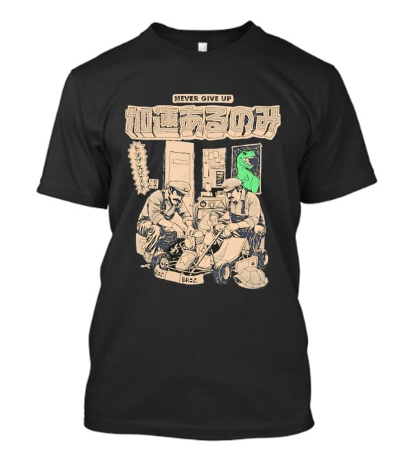 Mario Luigi Never Give Up Japanese Text Kart Fixing Brothers T-Shirt