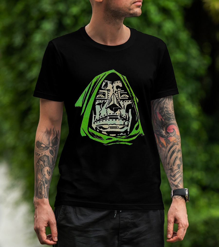Victor Von Doom Dr Doom Comic Face Drawing Green Hood T-Shirt