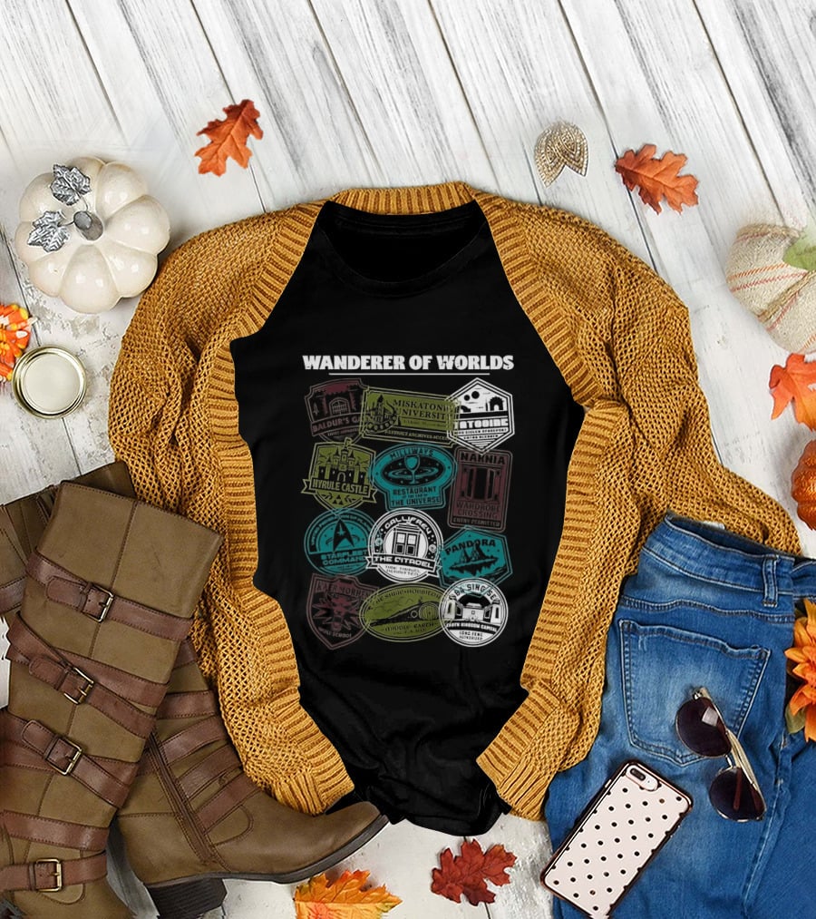 Wanderer of Worlds Travelers Interdimensional Passport Stamps Portal Adventures T-Shirt
