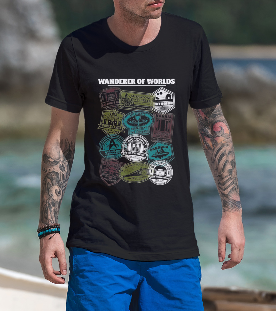 Wanderer Of Worlds Travelers Interdimensional Passport Stamps Portal Adventures T-Shirt