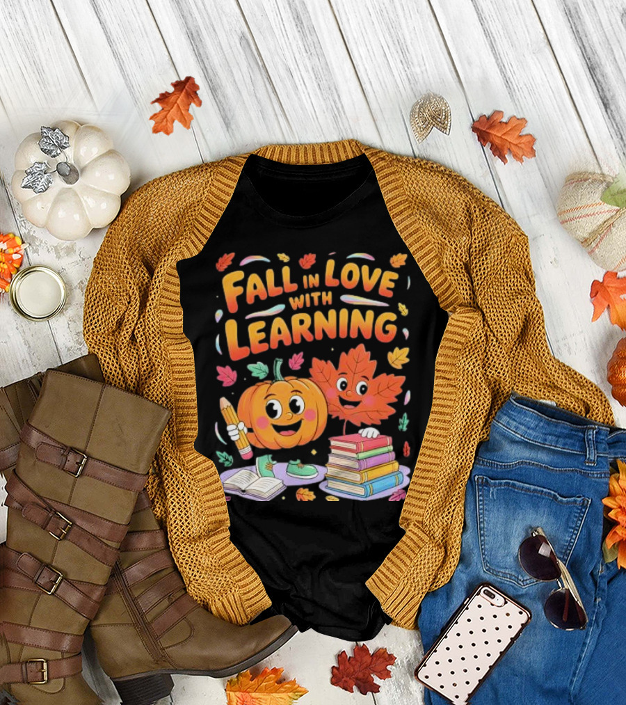Fall in Love with Learning Autumn Pumpkin and Leaf with Books and Stationery T-Shirt