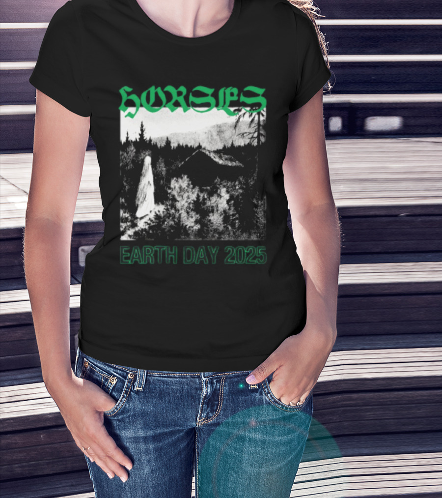 Horses Earth Day 2025 Ghostly Forest Cabin Scene T-Shirt
