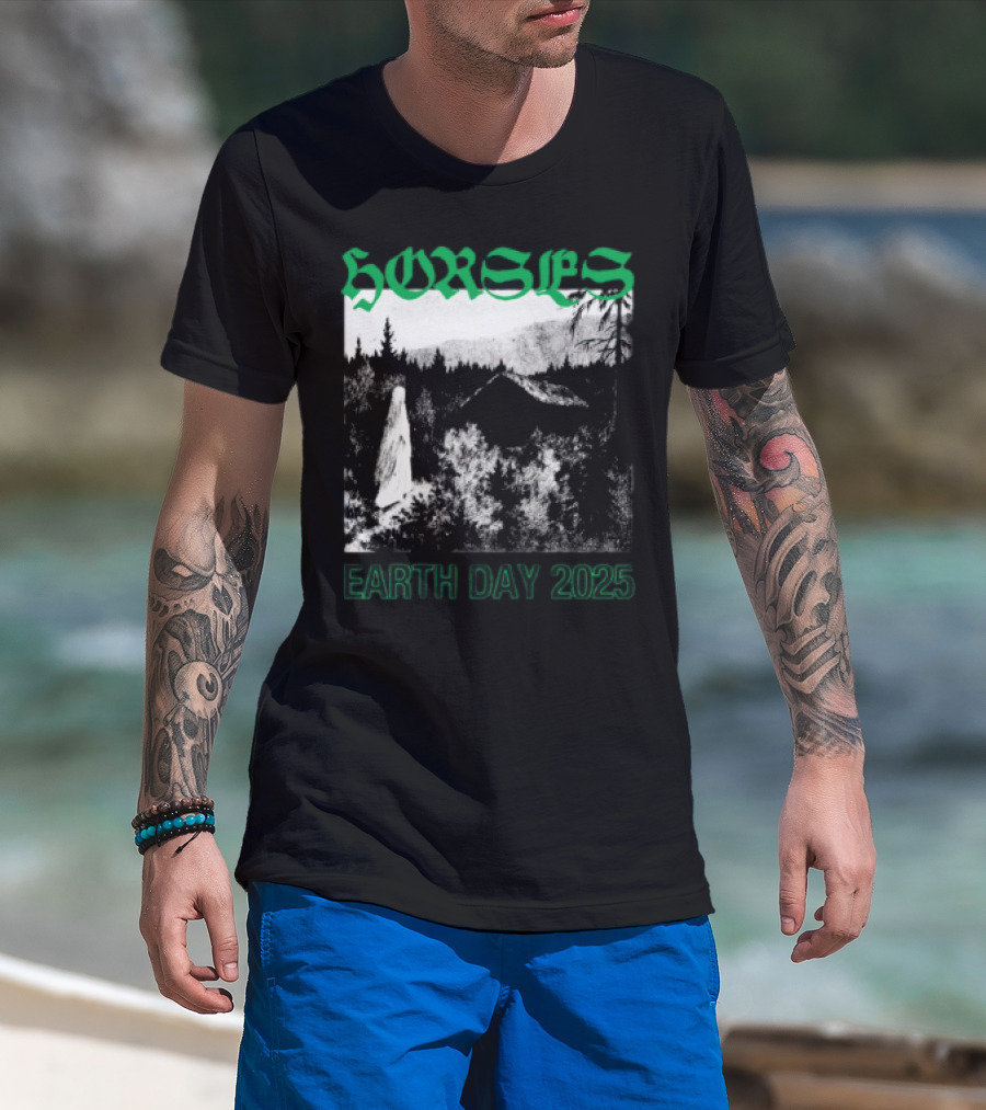Horses Earth Day 2025 Ghostly Forest Cabin Scene T-Shirt