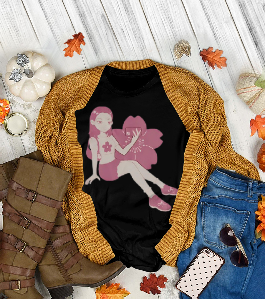 Mandys Brown Anime Style Girl Sakura Blossom Pattern T-Shirt