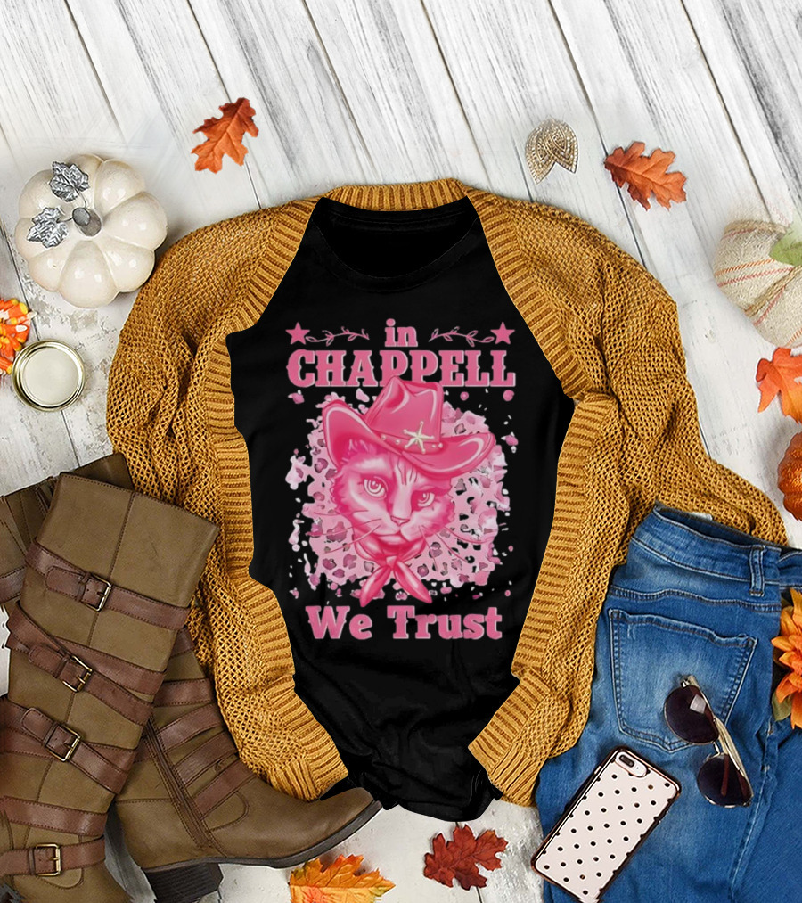 Cute Retro Cat in Chappell We Trust Cowboy Hat Pink Stars T-Shirt
