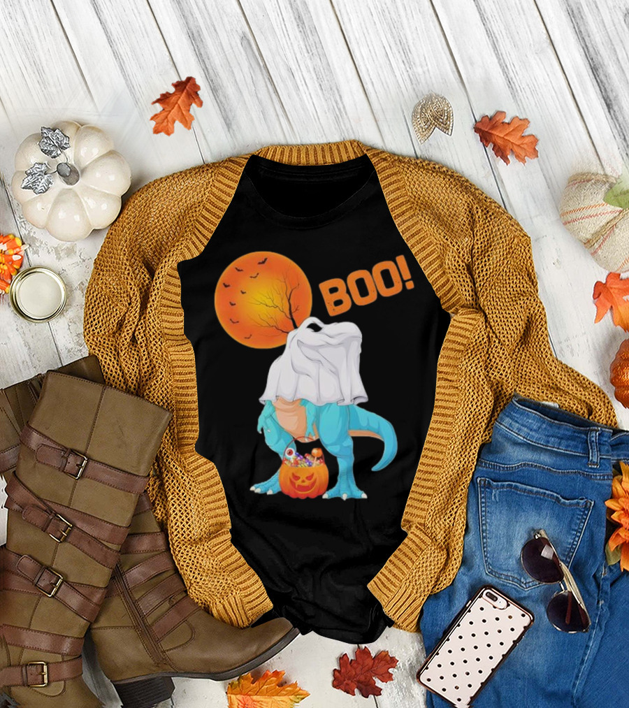 Ghost Dinosaur Rex Boo Halloween Pumpkin Boys Men T-Shirt