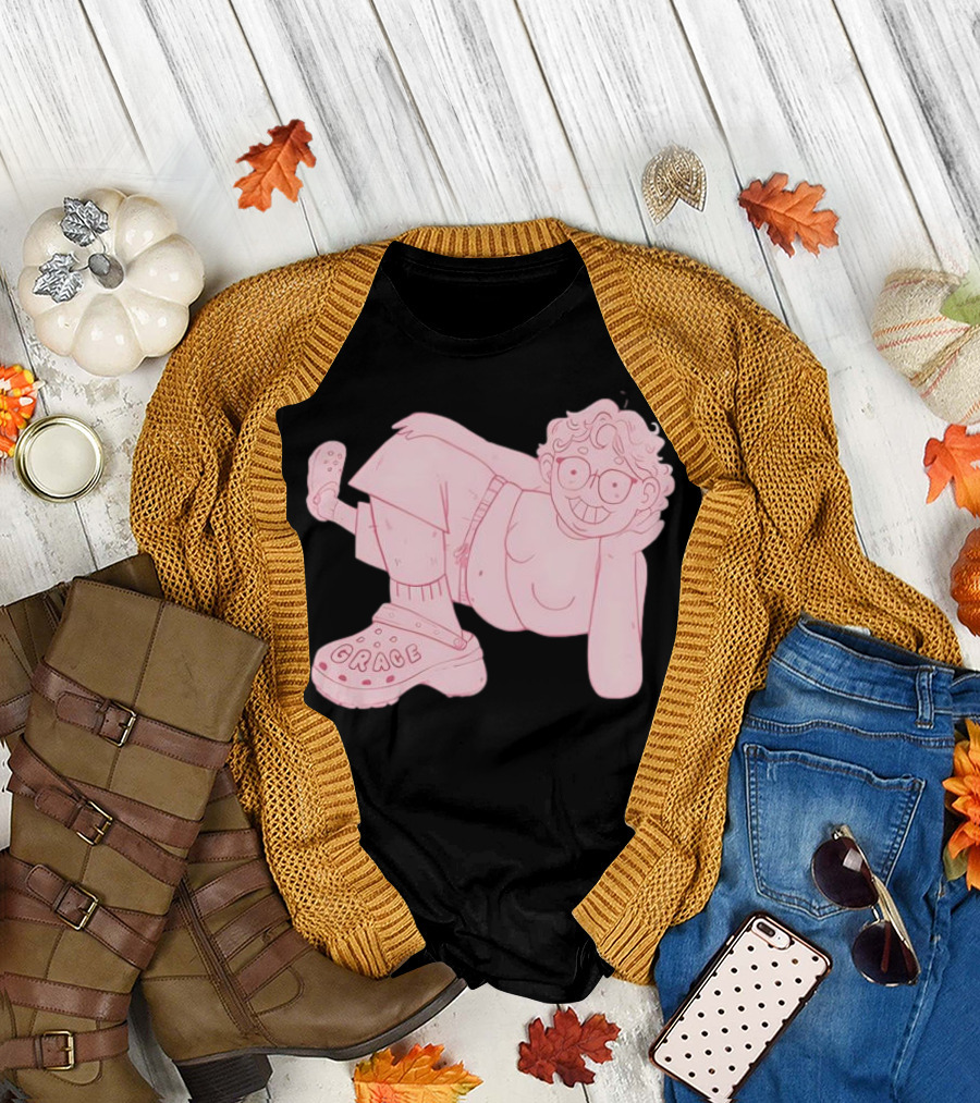 Grace Reiter Crocs Cartoon Character with Pink Outfit and Glasses T-Shirt