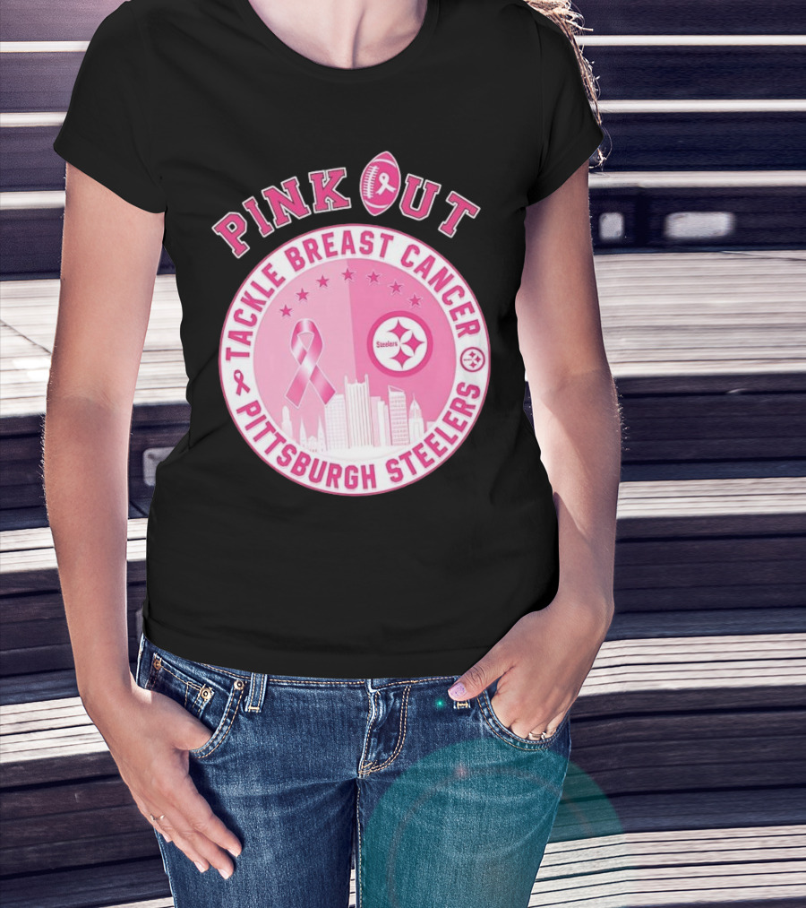 Pink Out Tackle Breast Cancer Pittsburgh Steelers Ribbon Awareness T-Shirt
