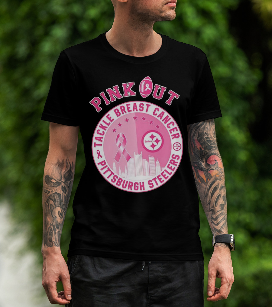 Pink Out Tackle Breast Cancer Pittsburgh Steelers Ribbon Awareness T-Shirt