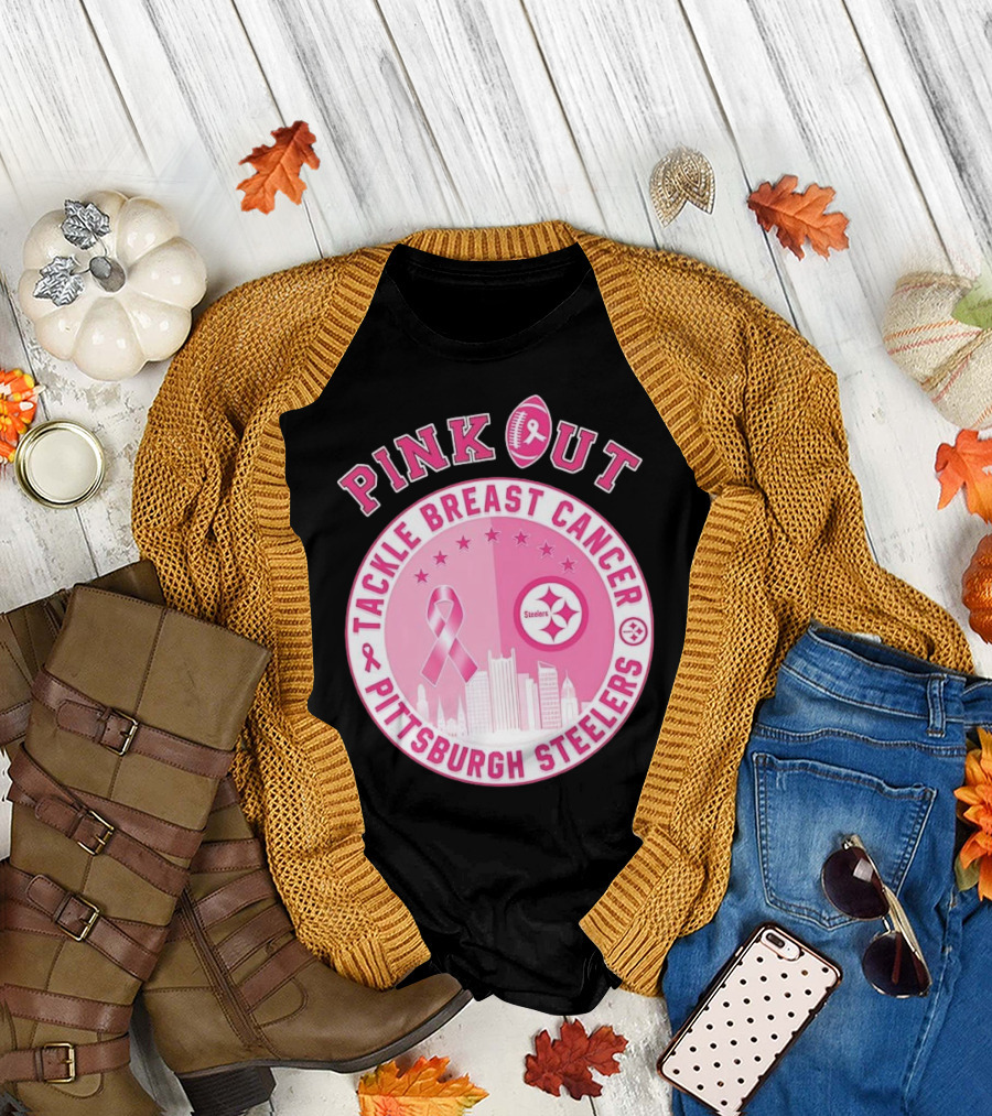 Pink Out Tackle Breast Cancer Pittsburgh Steelers Ribbon Awareness T-Shirt