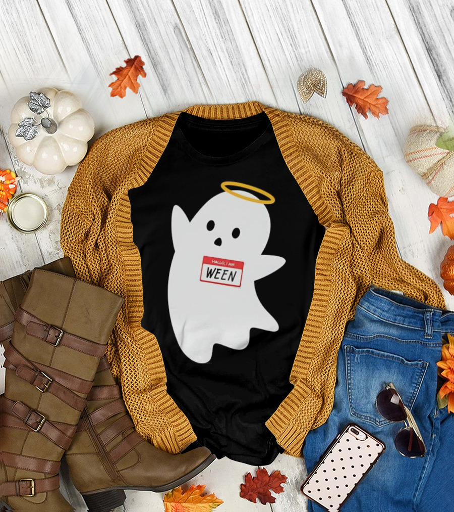Hallo I Am Ween Ghost with Halo and Happy Halloween Name Tag T-Shirt