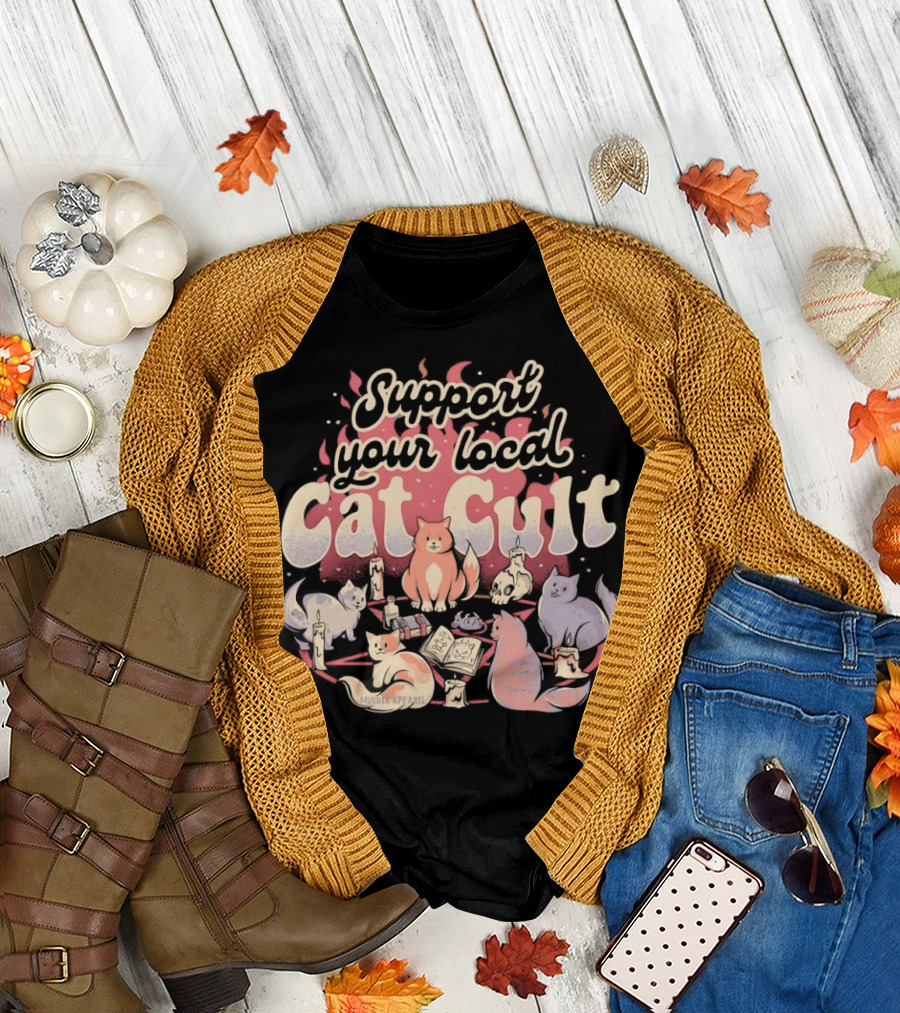 Support Your Local Cat Cult Adorable Feline Gathering T-Shirt