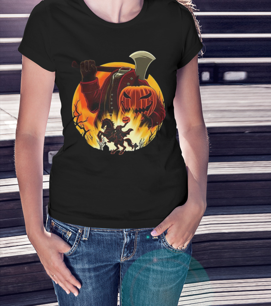 Headless Horseman Galloping Hessian Pumpkin Halloween Axe Rider T-Shirt