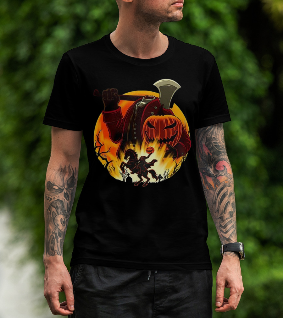 Headless Horseman Galloping Hessian Pumpkin Halloween Axe Rider T-Shirt