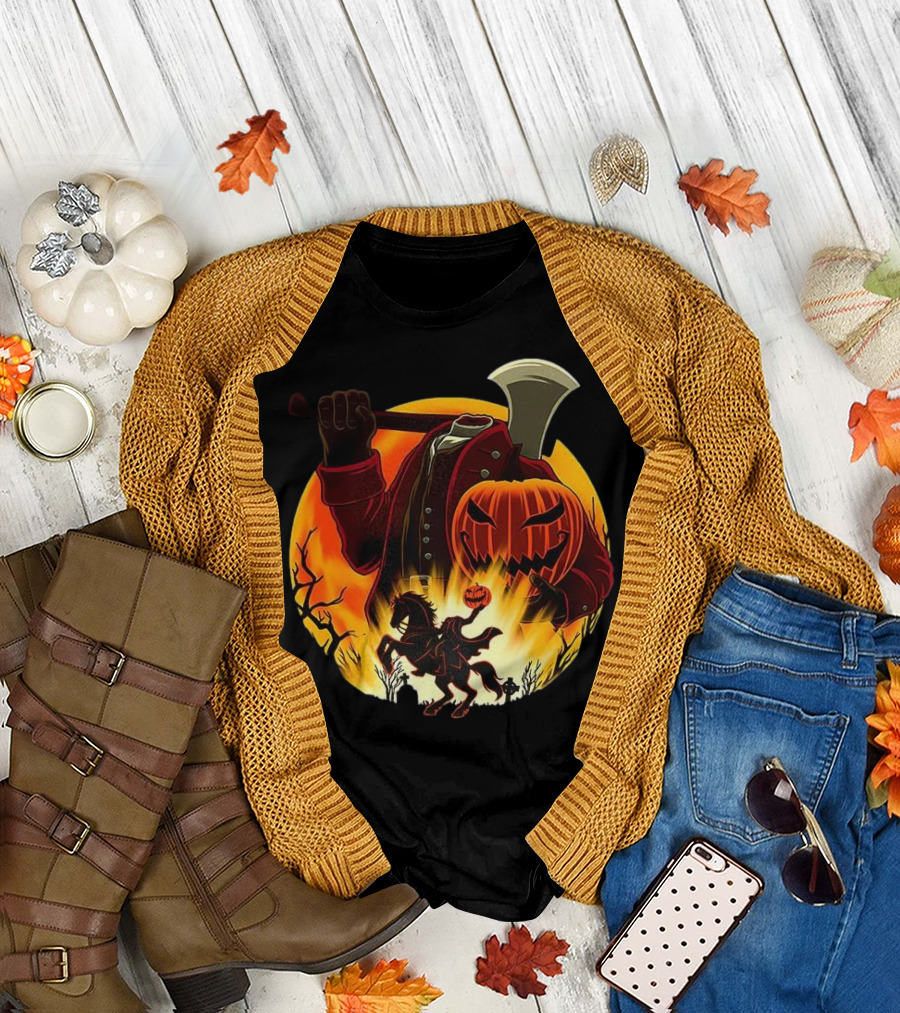 Headless Horseman Galloping Hessian Pumpkin Halloween Axe Rider T-Shirt