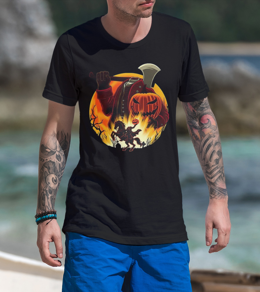 Headless Horseman Galloping Hessian Pumpkin Halloween Axe Rider T-Shirt