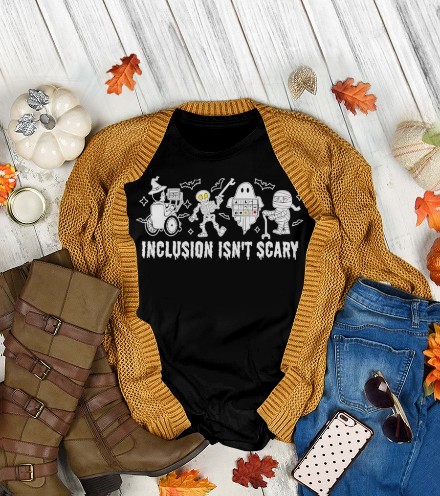Inclusion Isn’t Scary Halloween Costumes Featuring Wizard Ghost Robot Characters T-Shirt
