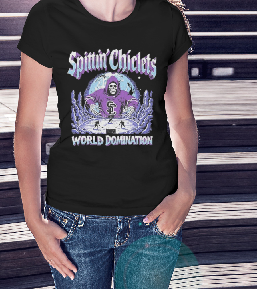 Spittin Chiclets Grim Reaper Hockey World Domination Moon T-Shirt