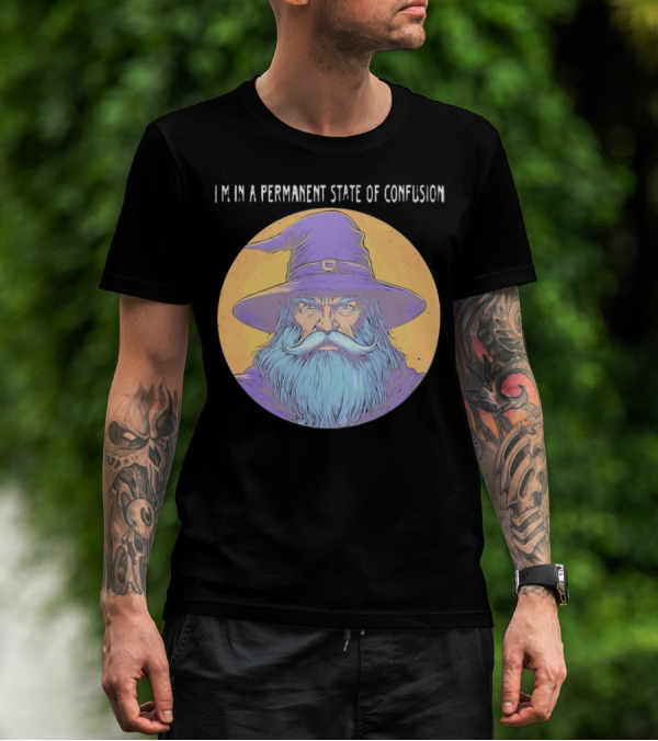 Wizard Magic I'm In A Permanent State Of Confusion Purple Hat Mystic Illustration T-Shirt