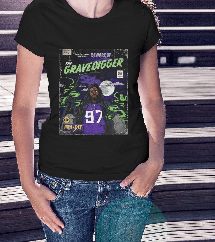 Minnesota Vikings Vs Detroit Lions 2025 Beware Of The Gravedigger Javon Hargrave Comic T-Shirt